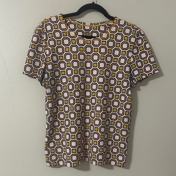 Tory Burch Womens Short Sleeve Geometric Print T-Shirt Sz Large Classic Preppy - Picture 1 of 6